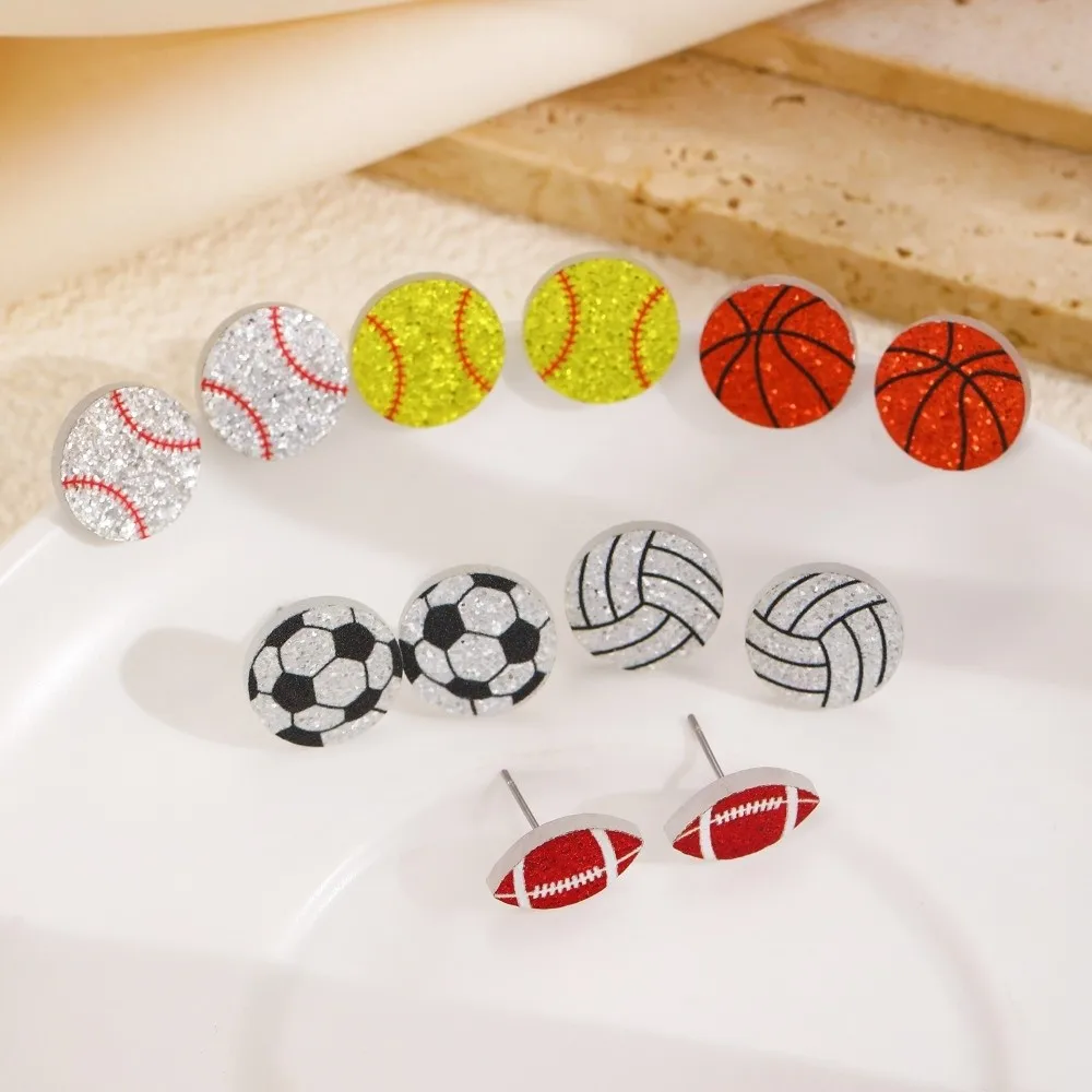 Acrylic Sparkling Ball Stud Earrings Soccer Rugby Volleyball Tennis Baseball Acrylic Ball Ear Studs Basketball Football