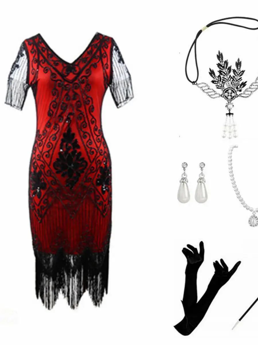 فستان مثير مزين بالترتر والشراشيب لحفلات الهالوين، زي غاتسبي بطراز عشرينيات القرن الماضي، فستان سهرة بأكمام قصيرة للمناسبات ا... #4