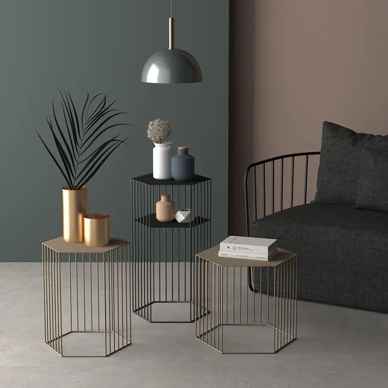 

Nordic Iron Art Coffee Table Corner Creative Simple Modern Gold Sofa Side Tables Hexagonal Flower Stand Living Room Furniture