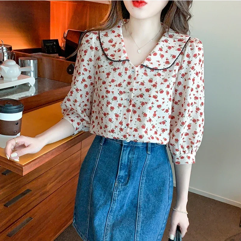 Vintage Floral Summer Chiffon Shirts Women 2024 Korean Fashion Clothes Casual Blouses Sweet Girls Printed Puff Sleeve Tops Mujer