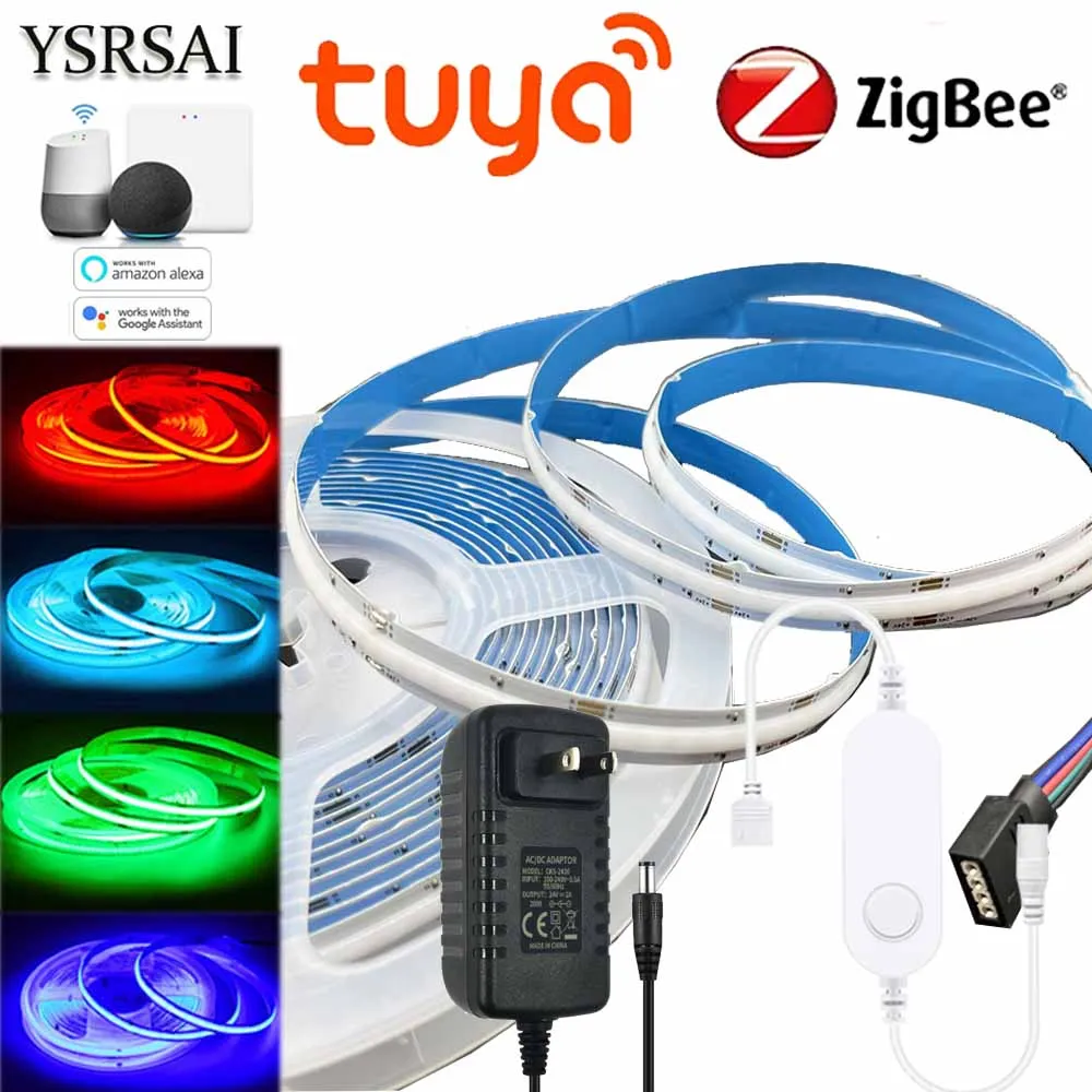 DC24V COB Fexible RGB Light Strip 1-5M Zigbee Controller Tuya APP Timer Multi-Scene Music Rhythm Room Lighting For Alexa Google