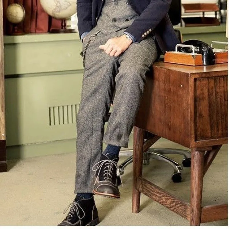 

Retro style coarse woolen suit pants herringbone patterned Western pants Business plus size custom suit trousers