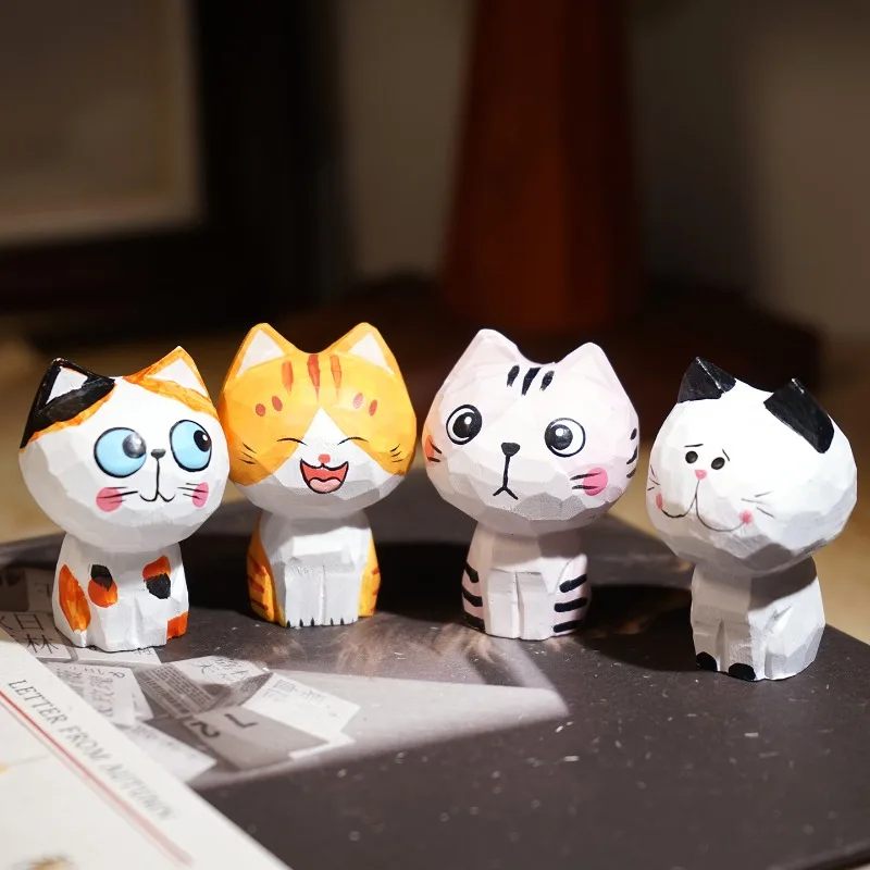 Feline Squad Hand Carved Wood Sculpture Ornament Adorable Cat Collection Therapeutic Desk Decoration Miniatures Special Gift Set