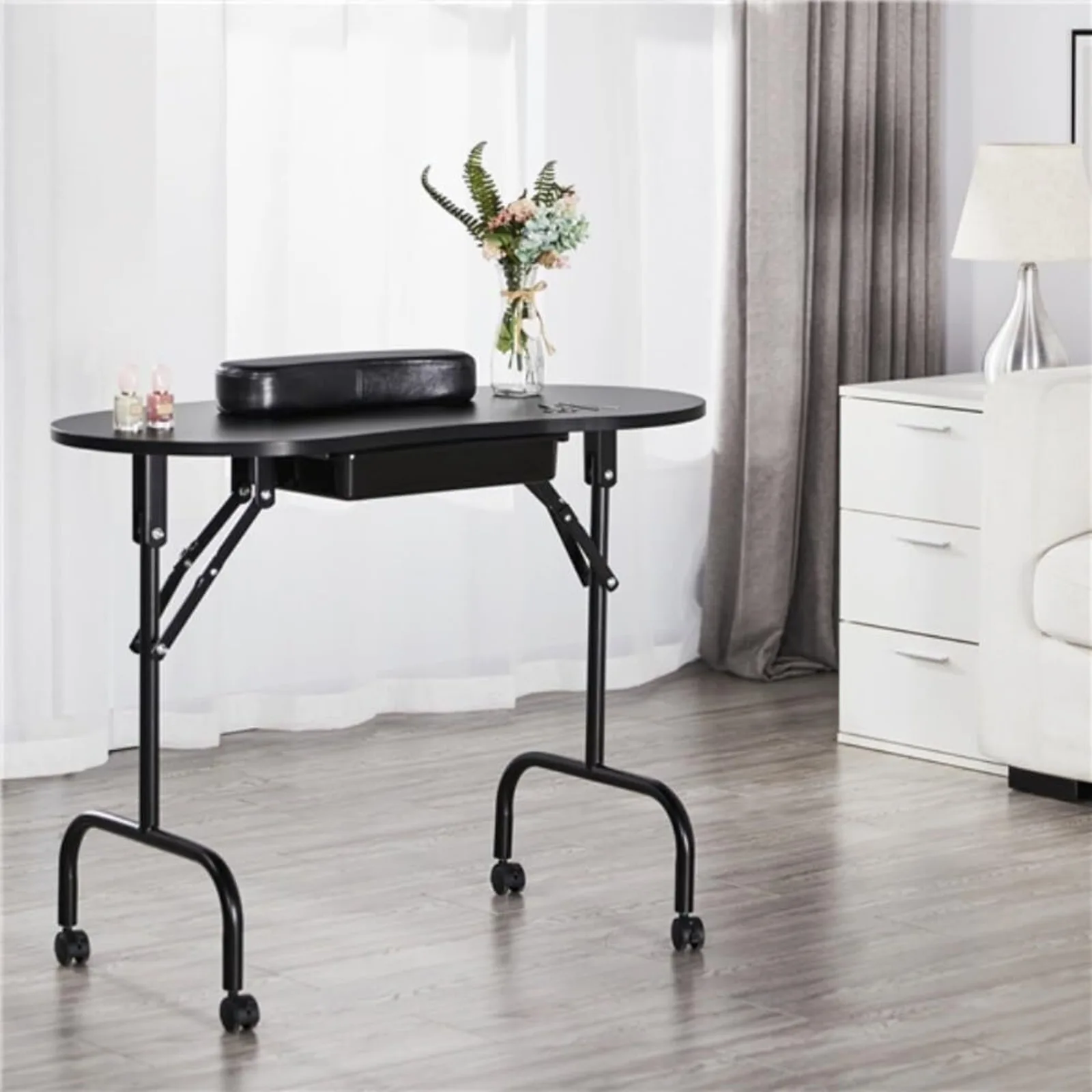 US Folding Manicure Nail Table Station Portable Spa Salon Desk w/Bag + Wheels Black