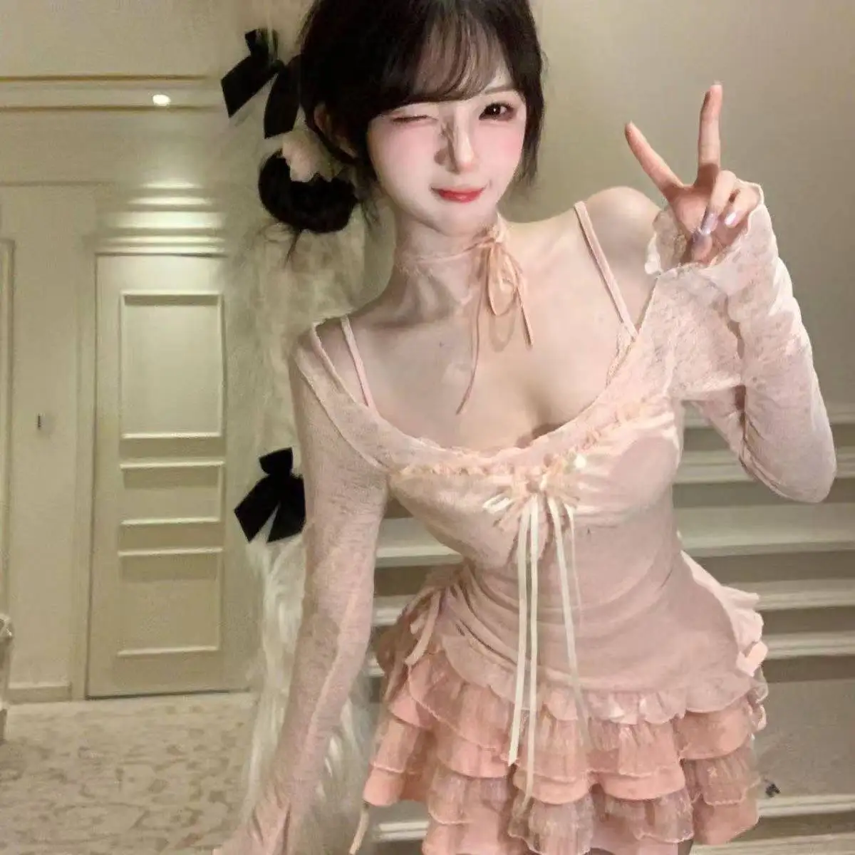 New Women Birthday Rave Korean Fashion Gyaru Y2k Coquette Outfits 2 Piece Set Fake Two Pieces Top + Mini Ruffle Skirts Chic image 5