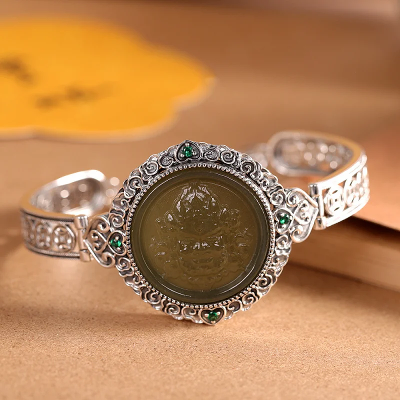 

S925 Inlaid Yellow Wealth God Hetian Green Jade Elegant Women'S Silver Bracelet