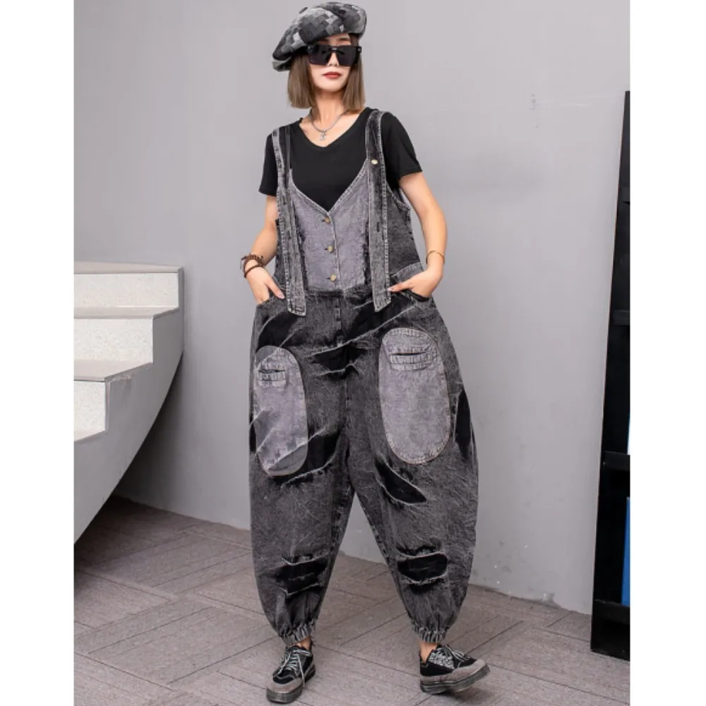 

Vintage Washed Denim Patchwork Overalls Women 2024 Autumn New Loose High Waisted Wide Leg Jumpsuit Trend LX1751