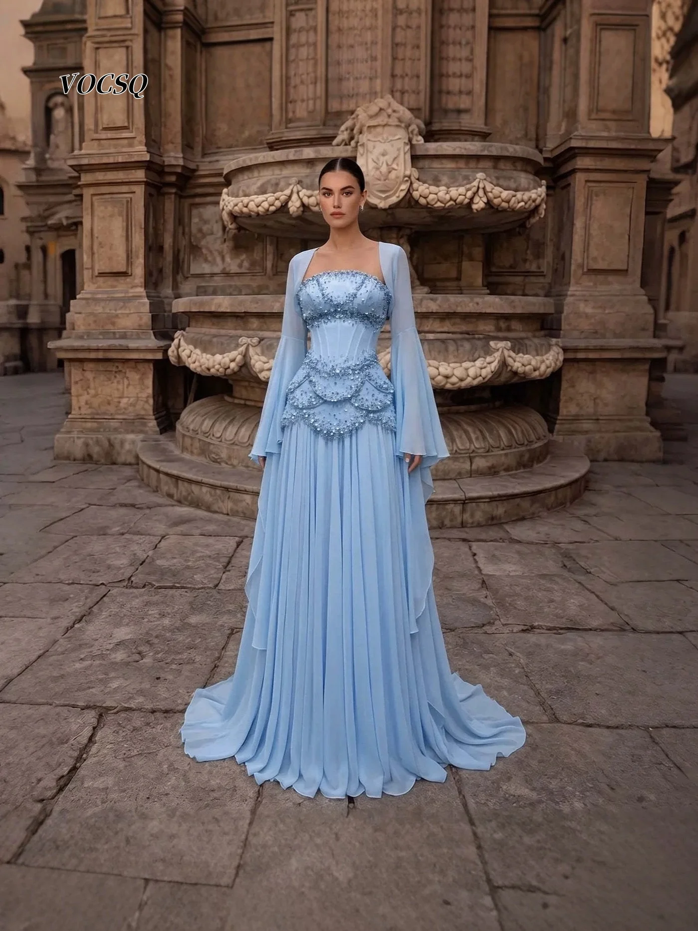 Prom Dress Strapless Beaded Rhinestone Sheer Corset Flare Sleeve Cape Chiffon Floor Train Formal Gala Evening Gown Customized