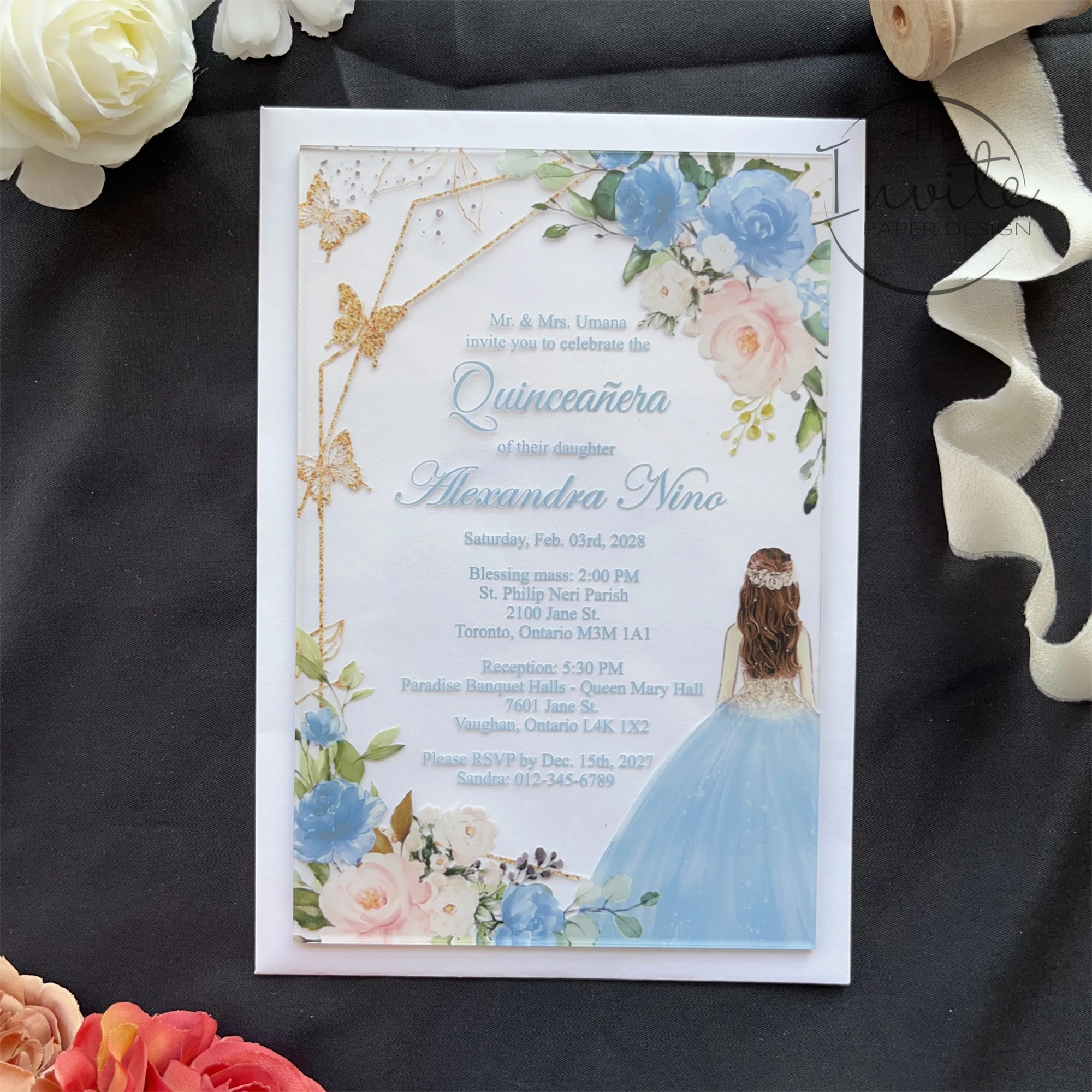 Baby Blue Princess&Gold Geometry Sweet 16 Acrylic Invite, Floral Quinceañera Acrylic Invite, Mis XV Anos Card