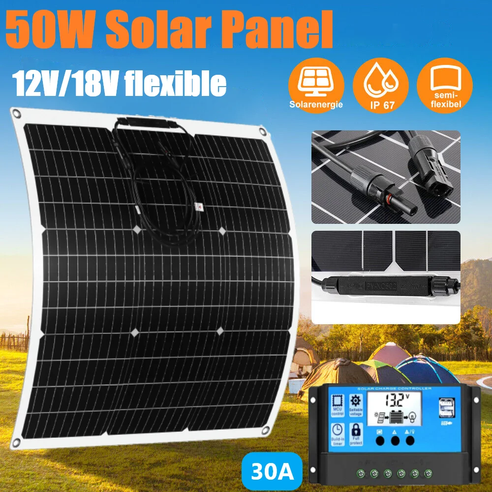 

Flexible 50W 18V Solar Panel With 30A Controller Waterproof Outdoor Solar Panels Kits Complete Charge Camping RV Boat Power Bank