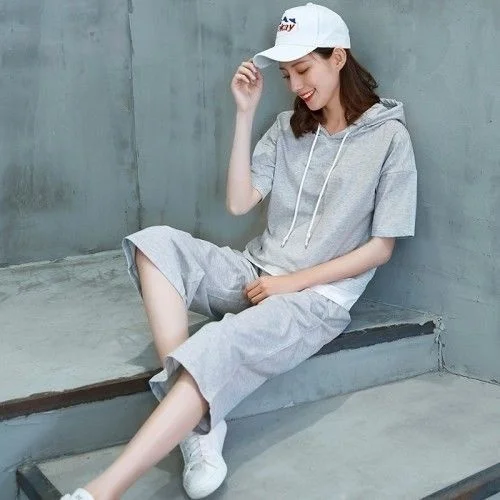 Summer New Casual Fashion Sports Suit Women's 2024 Korean Loose Student Hooded Short Sleeve Tops Wide Leg Pants 2 Two Piece Sets