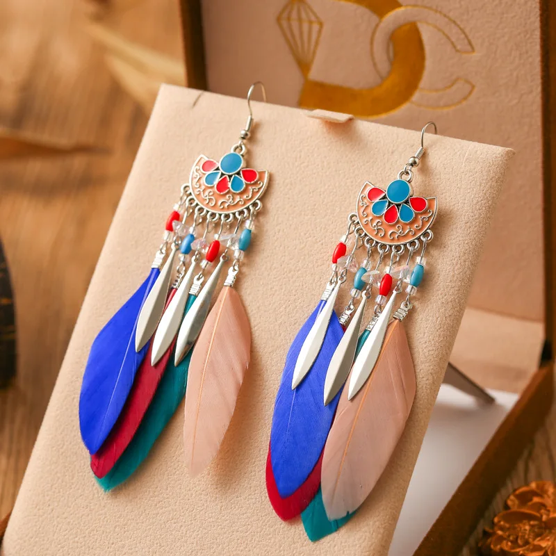Neue Tropfen Öl Fanförmige Feder Ohrringe für Frauen Mode Böhmischen Lange Silber Farbe Metall Reis Perle Baumeln Ohrring Schmuck – Detail 2