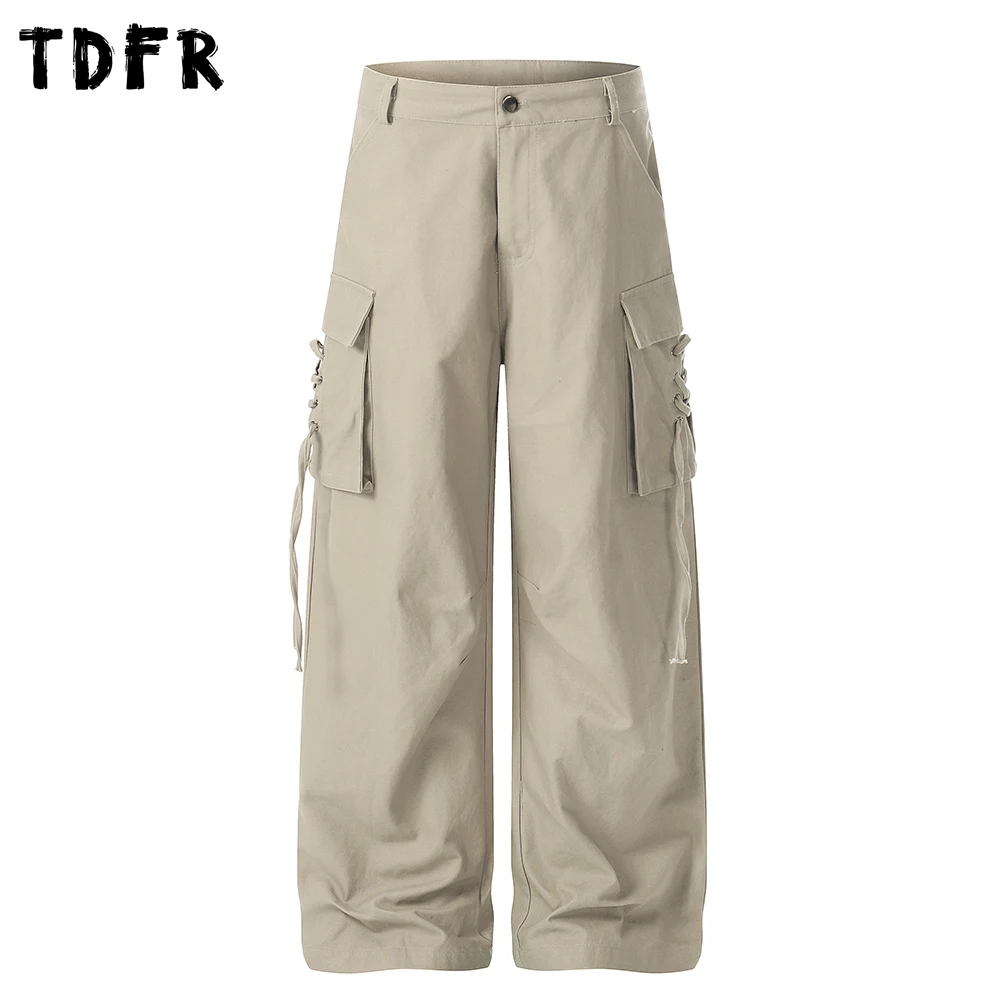 Lace Up Multi-Pocket Cargo Pants Mens Solid Color Retro Casual Baggy Straight Wide Leg Trousers Man