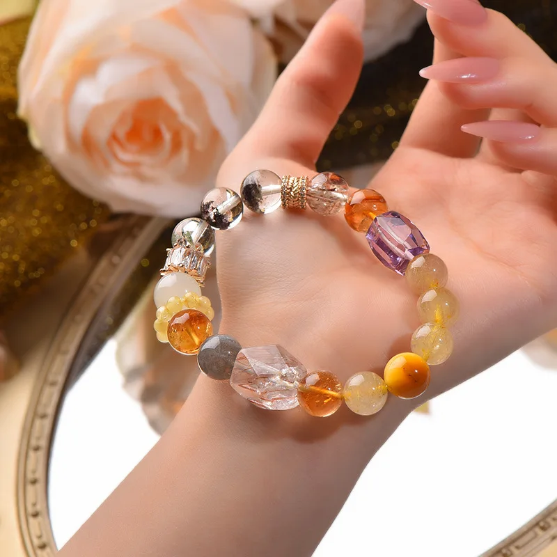 

Natural Multi-treasure Crystal Beaded Women's Black Gold Super Seven Green Ghost Bracelet Fashion Light Luxury Bracelet Lucky