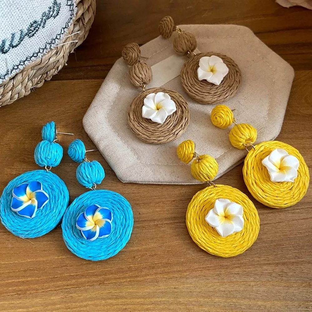 1 pair Temperament Egg Flower Earrings Bohemian Style Ethnic Style Thai Seaside Eardrops Jewelry Elegant Raffia Grass Earrings