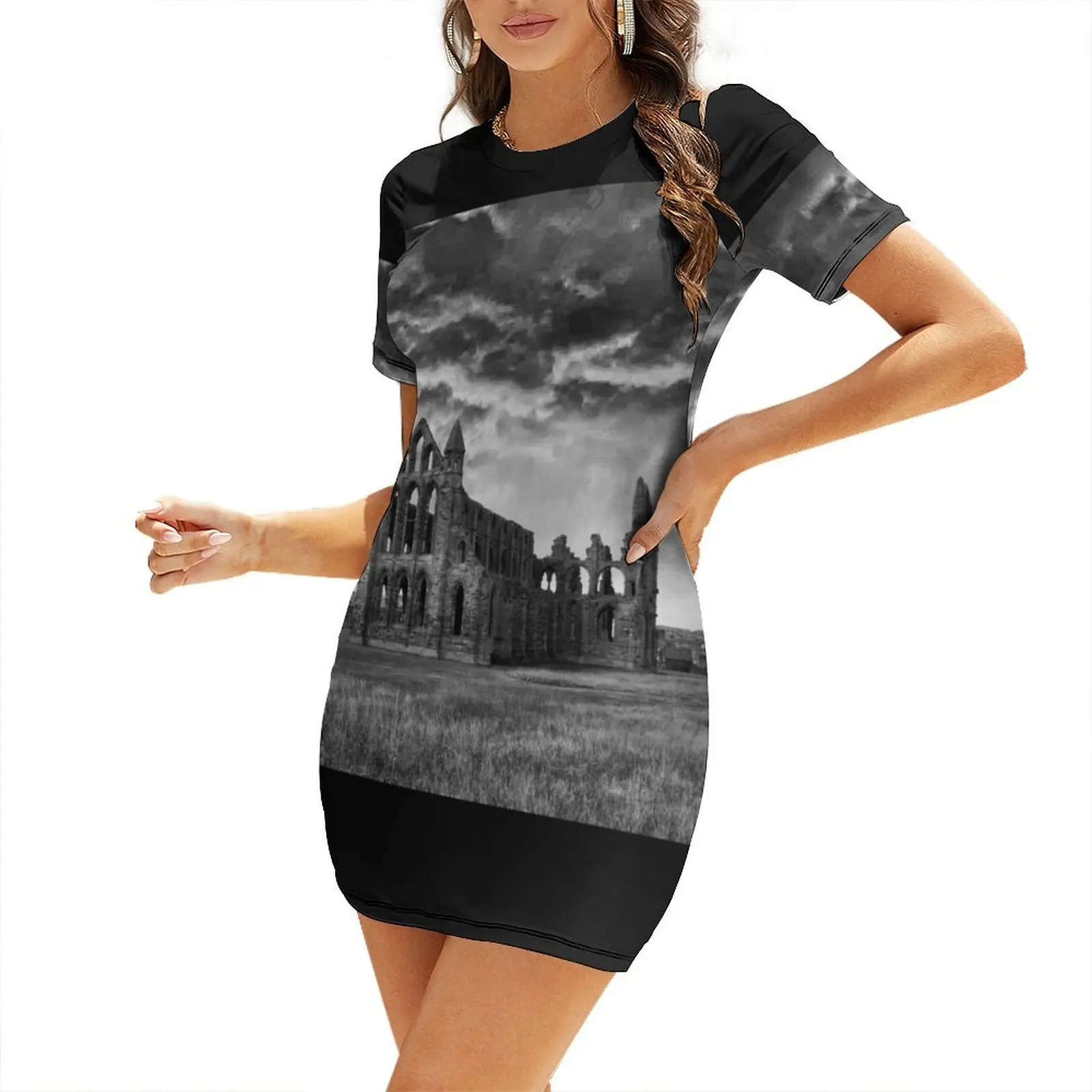 Whitby Abbey Storm Clouds Monochrome Short Sleeved Dress Bride dresses sexy short dresses daring prom dresses Women's dress