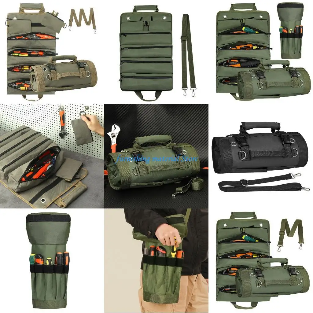 

Y5GD Portable Roll Up Storage Bag Car Tool Storage Bag with 5 Zippered Pockets Storage Organiser for Carpenters