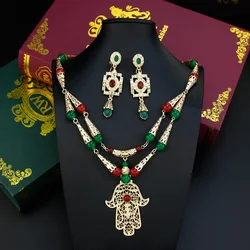 Sunspicems Gold Color Fatima Hand Necklace Sets for Women Morocco Bride Jewelry Set Double Layer Chain Necklace Square Earring