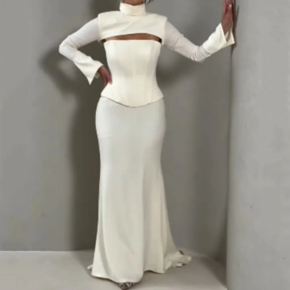 Customized Mermaid Evening Dresses Floor-length High-neck Full Sleeve Prom Gown Fashion Lace-up Simple Draped Casual Party Gown