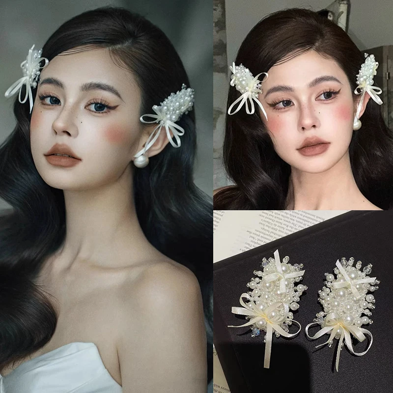 French Ballet Style Imitation Pearl Bow Ribbon Women Hairpin Sweet Simple Elegant Bangs Side Clip Headwear