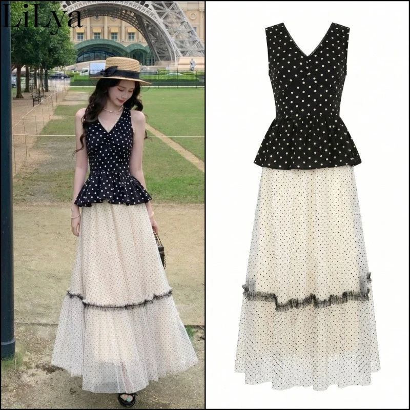 

2026 Summer Elegant Women Skirt Set Polka Dot V Neck Camisole Top High Waist Slim Polka Dot Thin Half Chic Woman Skirt Suit