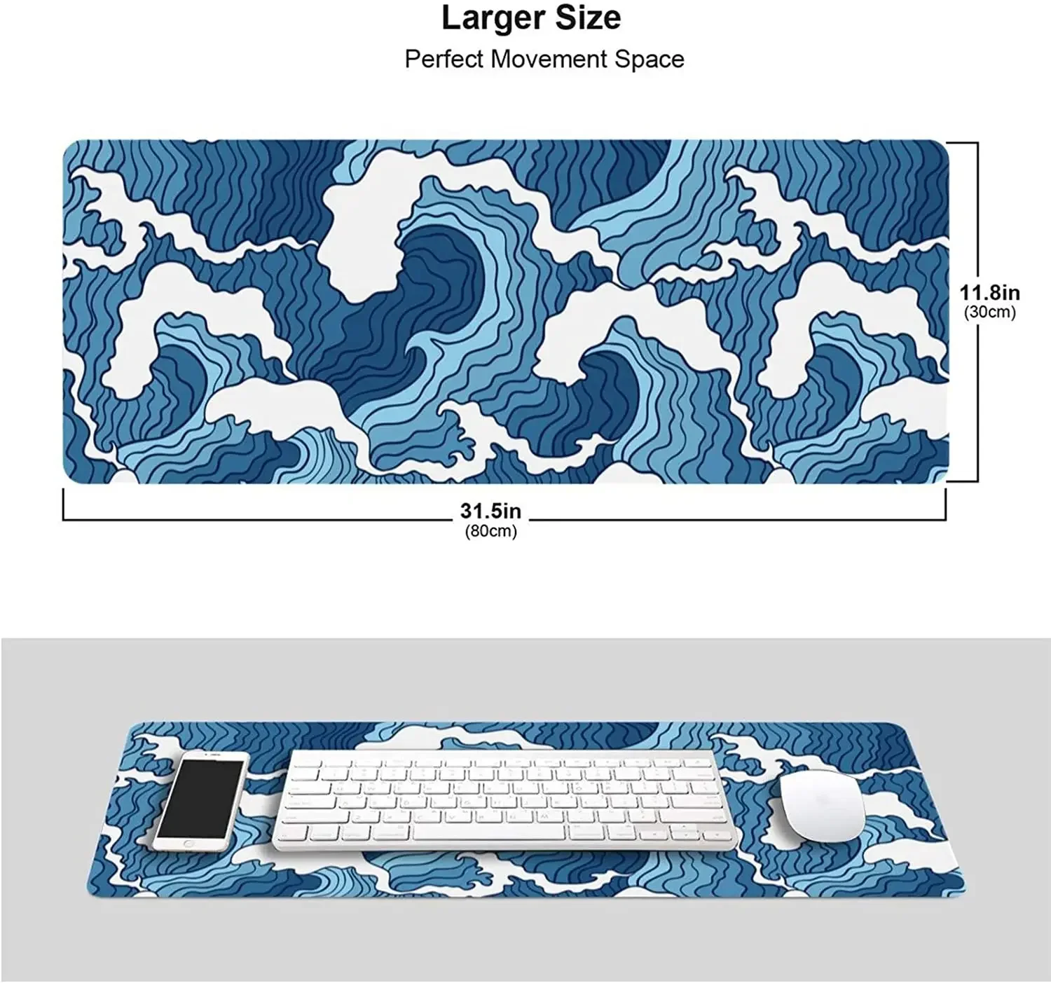 لوحة ماوس مكتبية كبيرة ممتدة مقاس XL باللون الأزرق الياباني مقاس 31.5 × 11.8 بوصة لوحة ماوس كبيرة مع حافة مخيطة غير قابلة للانزلاق حصيرة لوحة مفاتيح كمبيوتر طويلة