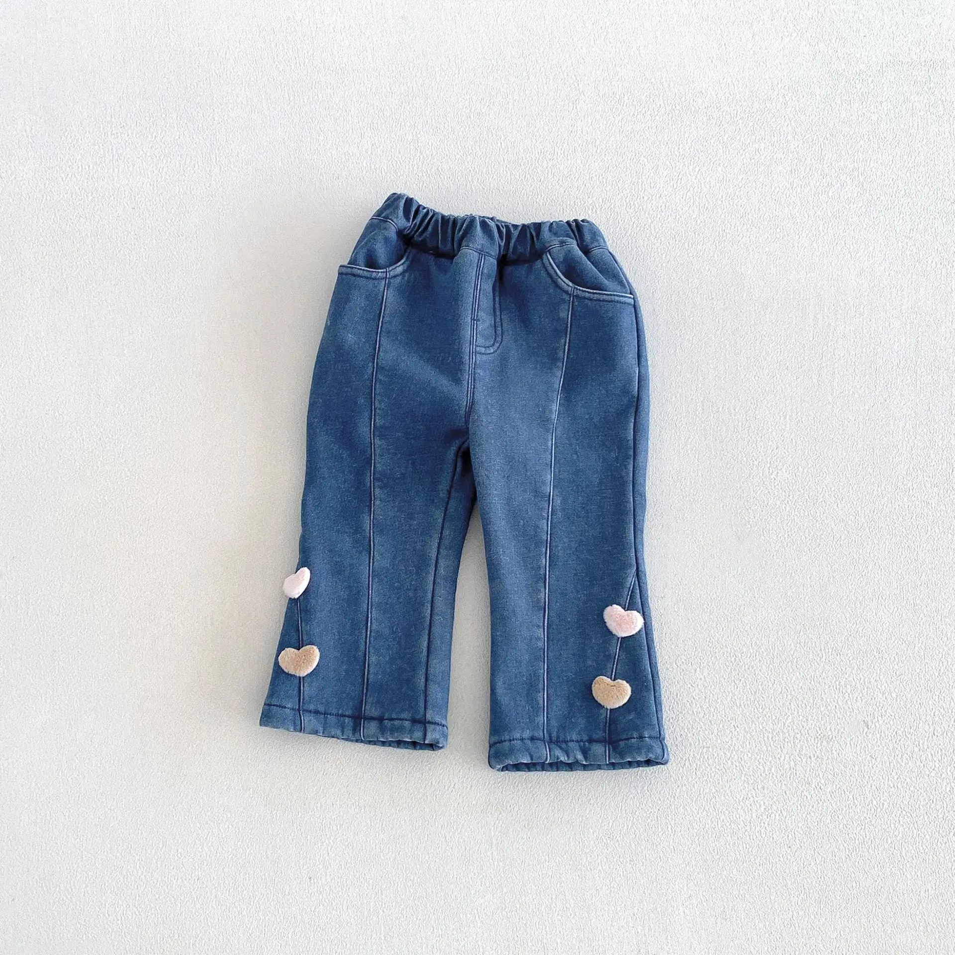 2026 New Winter Girls Heart Denim Pants | Fleece-Lined Flared Jeans | Thick Warm Trousers