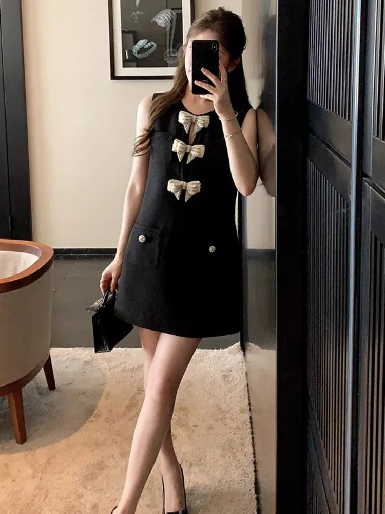 

High Quality Butterfly Knot Pearl Brooch Dresses Spring Women Sleeveless Vest Mini Dress Summer High Waist A Line Short Dress