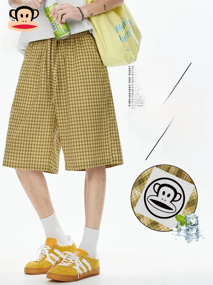 

Мужские летние тонкие быстросохнущие свободные брюки Paul Frank Large Mouth Monkey в японском ретро-стиле в клетку, прямого кроя, длиной до колена