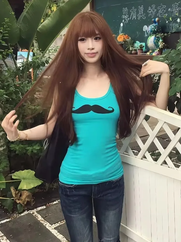 Funny Mustache Print Women U Neck Tank Top Turquoise Ribbed Slim Crop Vest Retro Streetwear Top
