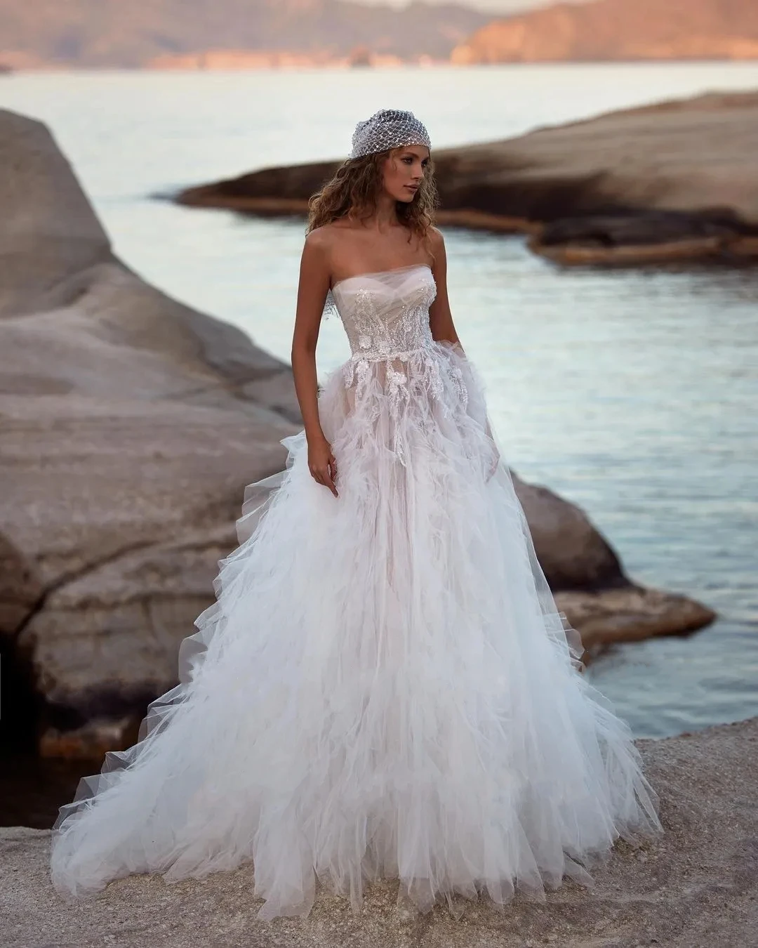 

Boho Tiered Ruffles Tulle Wedding Dresses Strapless Sleeveless Bridal Gowns A-Line Vintage Vestidos De Novia Exquisite 2024