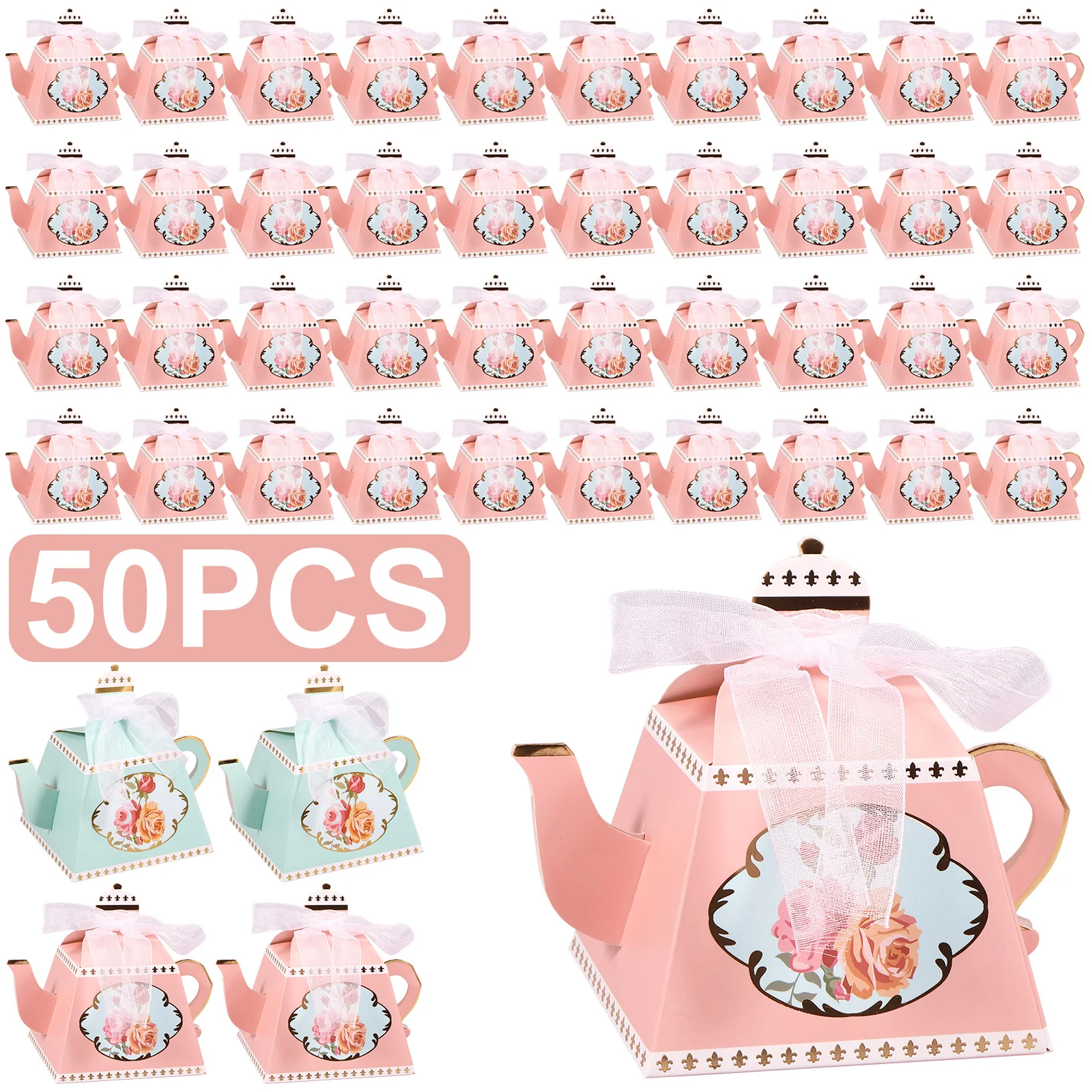 50Pcs Teapot Candy Box Vintage Floral Teapot Box Reusable Paper Flower Tea Party Gift Boxes Pink/Sky Blue Cute Mini Present Bags