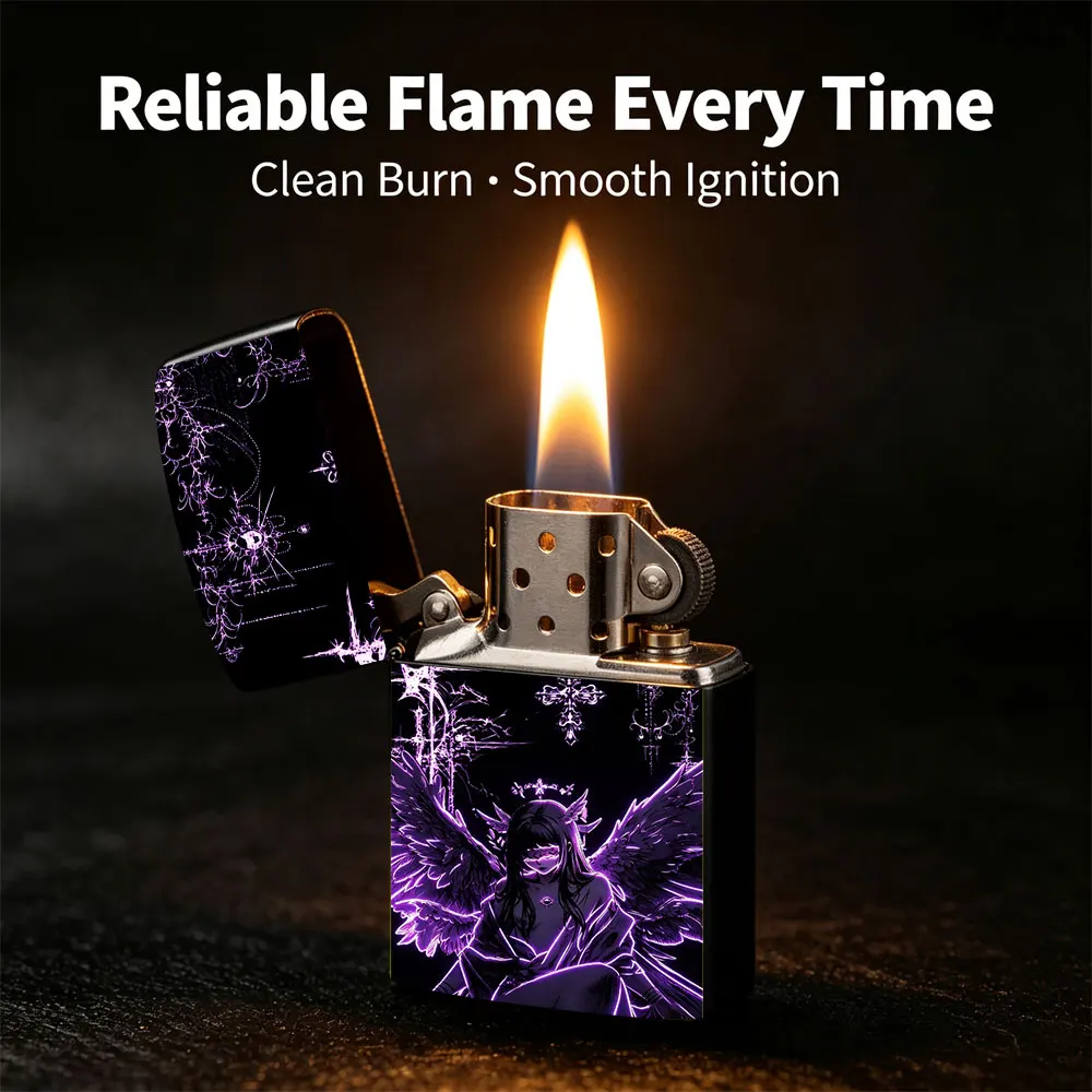 Pocket Lighter, Flip Top Windproof, Purple Angel with Wings and Crown Print, Metal Case, Ergonomic Grip, Adjustable Flame, Durable & Reliable