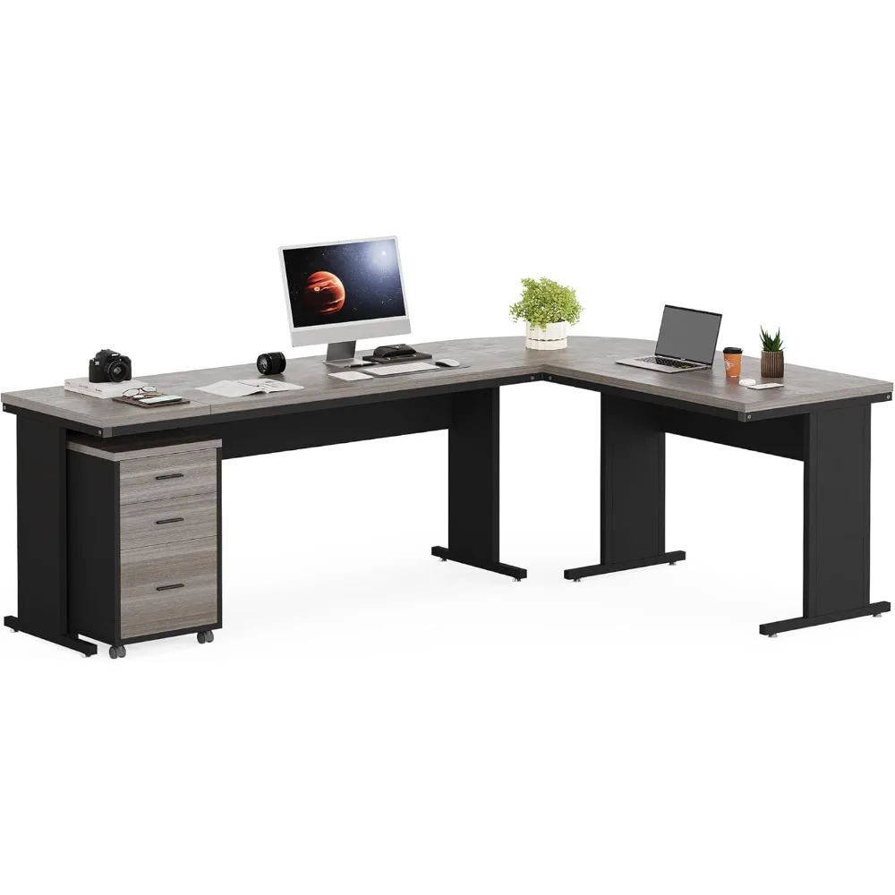 L-Shaped Office Desk, Large Executive Computer Desk with 3-Drawer File Cabinet, Industrial Corner Desk with Storage Drawers