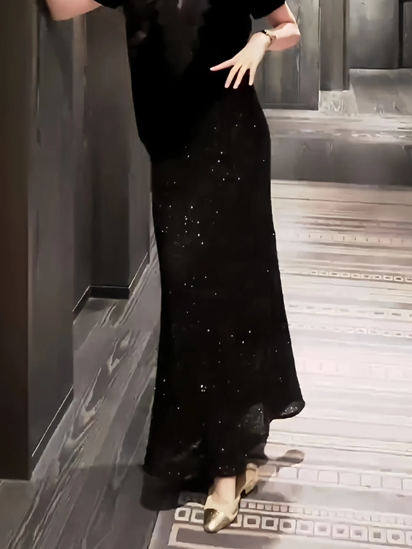 

iny Sequin Women's Skirt Ele Draped Fit to Waist Fi Tail Long Skirt High Waist Stand Version Polyester Fabric