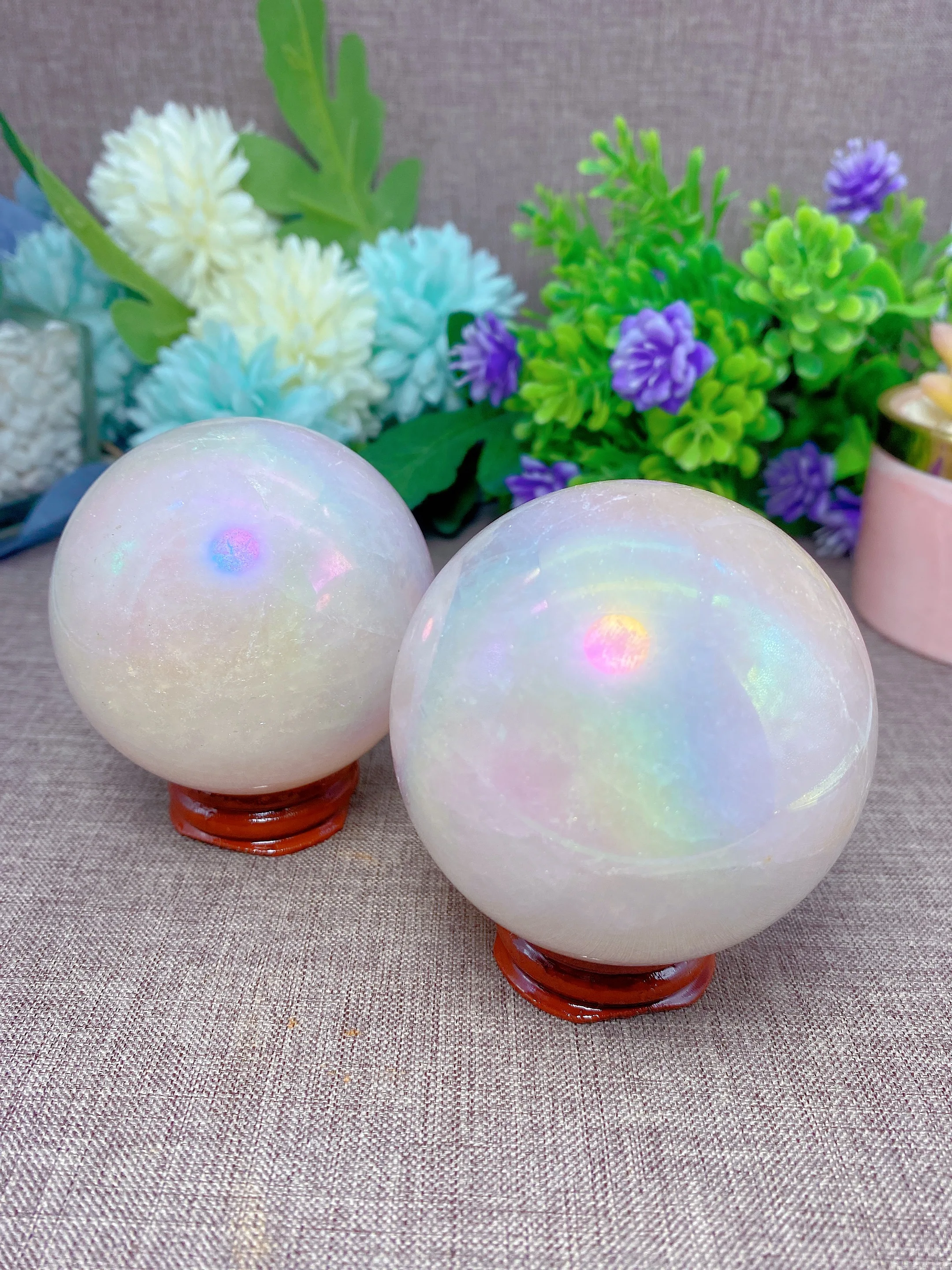 6-7cm Natural Aura Rose Quartz Sphere Rainbow Healing Reiki Crystal Magic Ball Home Meditation Decoration Gift+stand