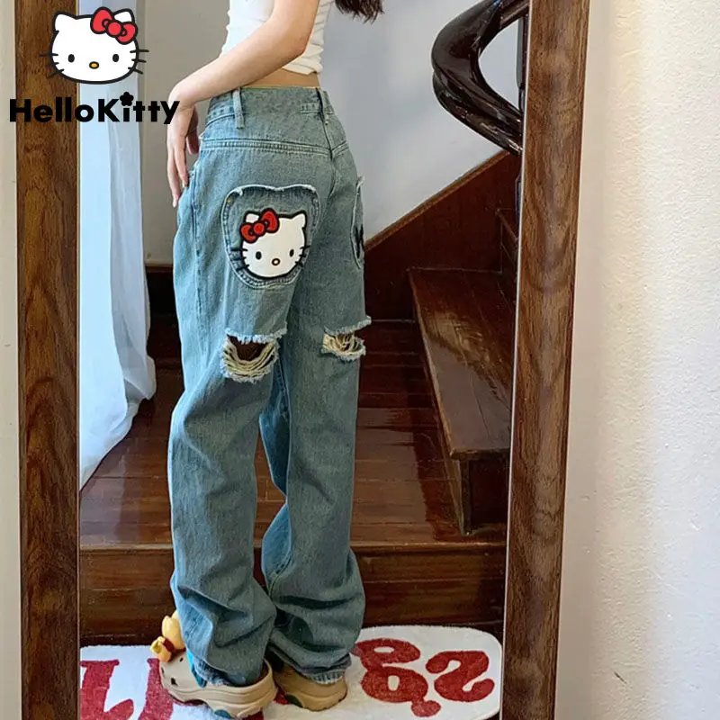 

Sanrio Hello Kitty Embroidery Jeans With Holes Women Summer Fashion High Waist Straight Trousers Y2k Streetwear Clothing Pants