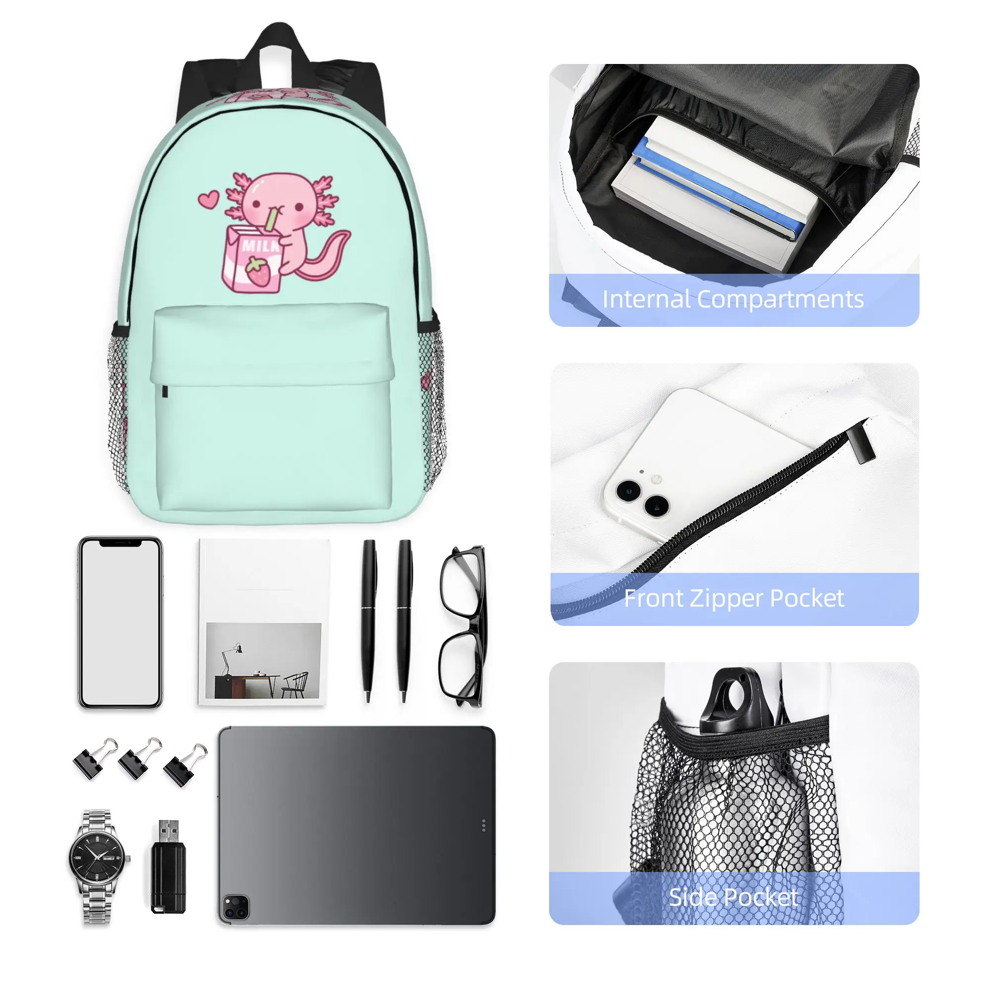 Cute Axolotl Loves Strawberry Milk Doodle Backpack Hot Sale Daypack Boys Girls BookBag Shoulder Bags for Men Women School Bag