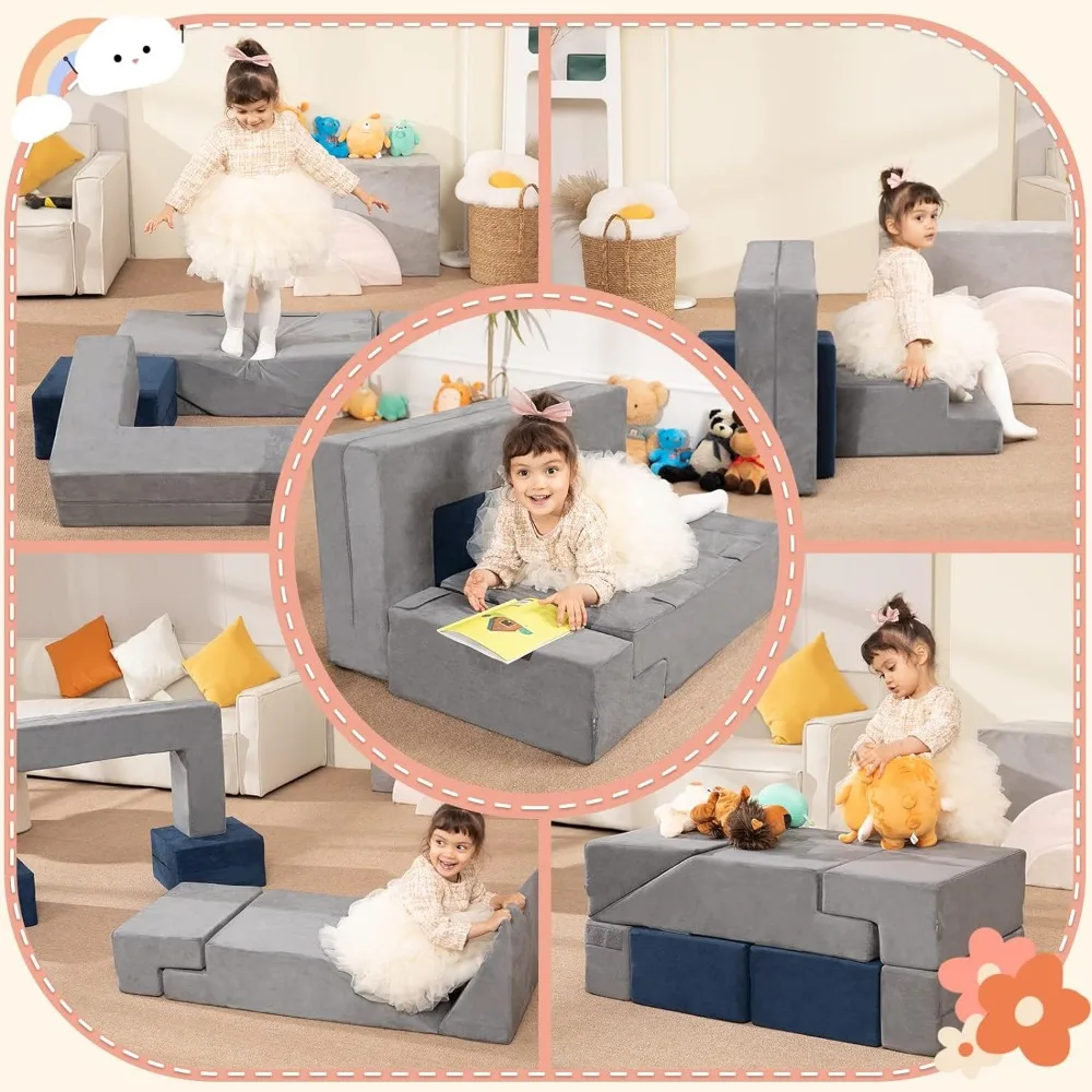 Kids Sofa, Modular Kids Sofa for Toddlers, Convertible Foam Play Couch, Climbing Couch with Slide and 2 Ottomans, Toddler Couch