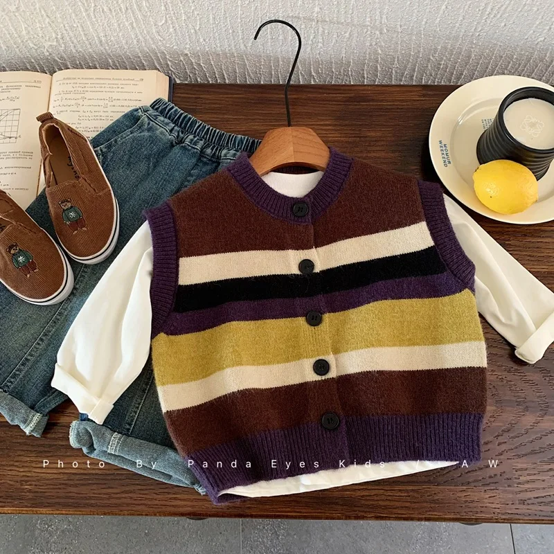 

Autumn/Winter Boys' Striped Colour-Blocked Sweater Vest Fall 2025 Knitted Vest Thin Top Loose Top