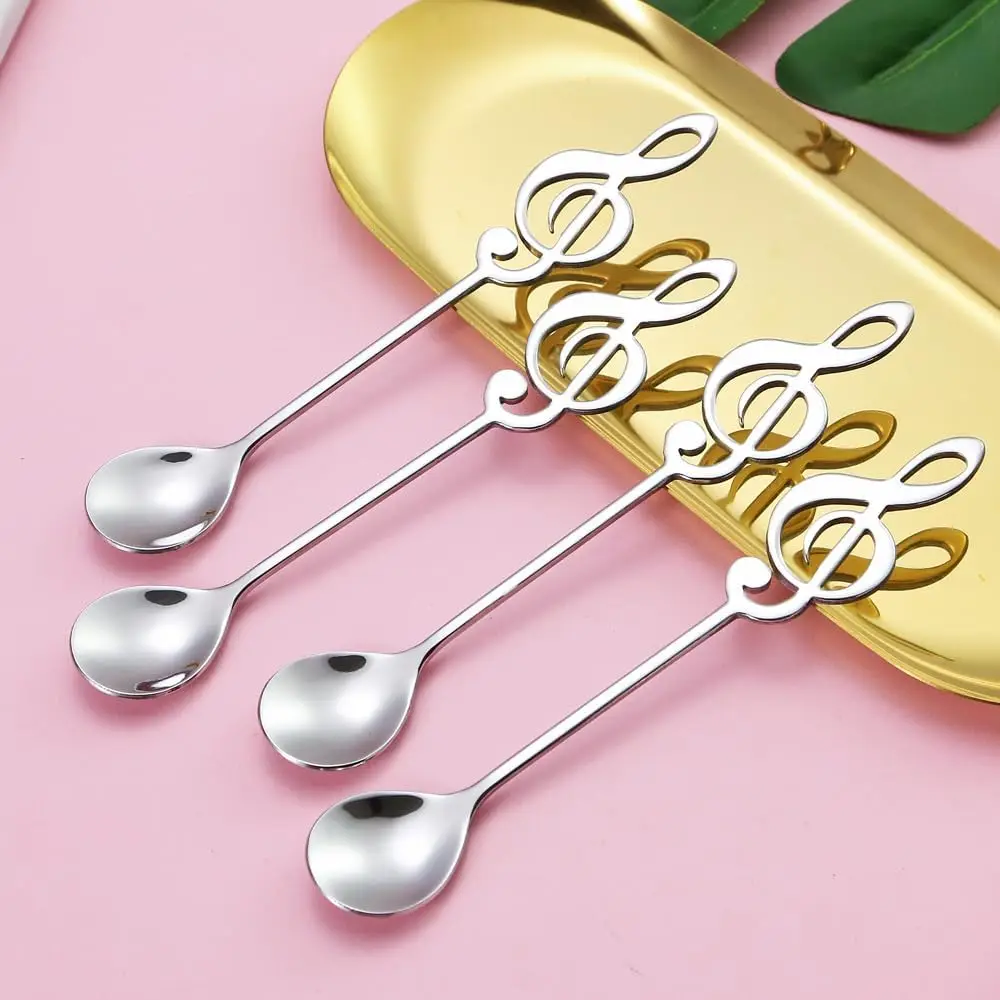 4Pcs Serving Coffee Spoons Stainless Steel Sugar Cake Tableware Tea Dessert Musical Note Teaspoons set (Rose Gold, Small) view 6