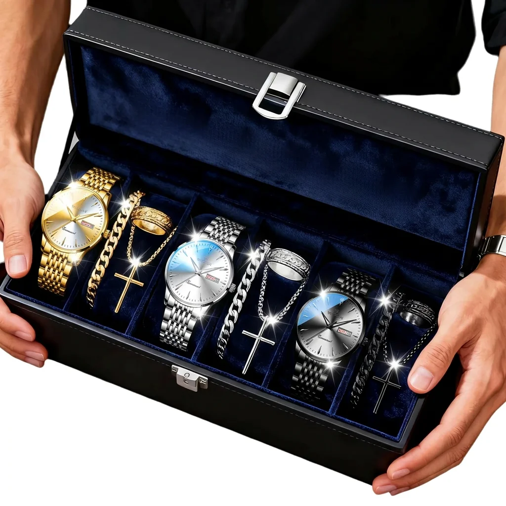 12 piece set of high-end luxury men's wristwatch+same color jewelry set, ideal for daily wear and gifting to friends and family