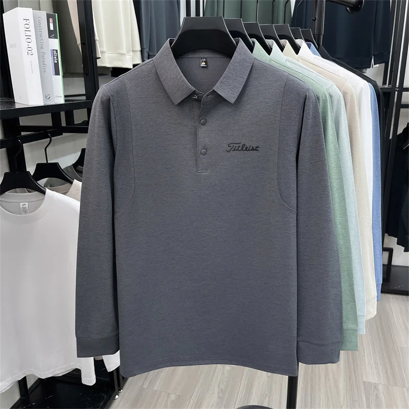 Original Herren Langarm-Poloshirt, schnelltrocknend, atmungsaktiv, mit Revers und Knöpfen, exquisiter Buchstabendruck, Herbst-Freizeit-Sportbekleidung für Herren – Detail 12