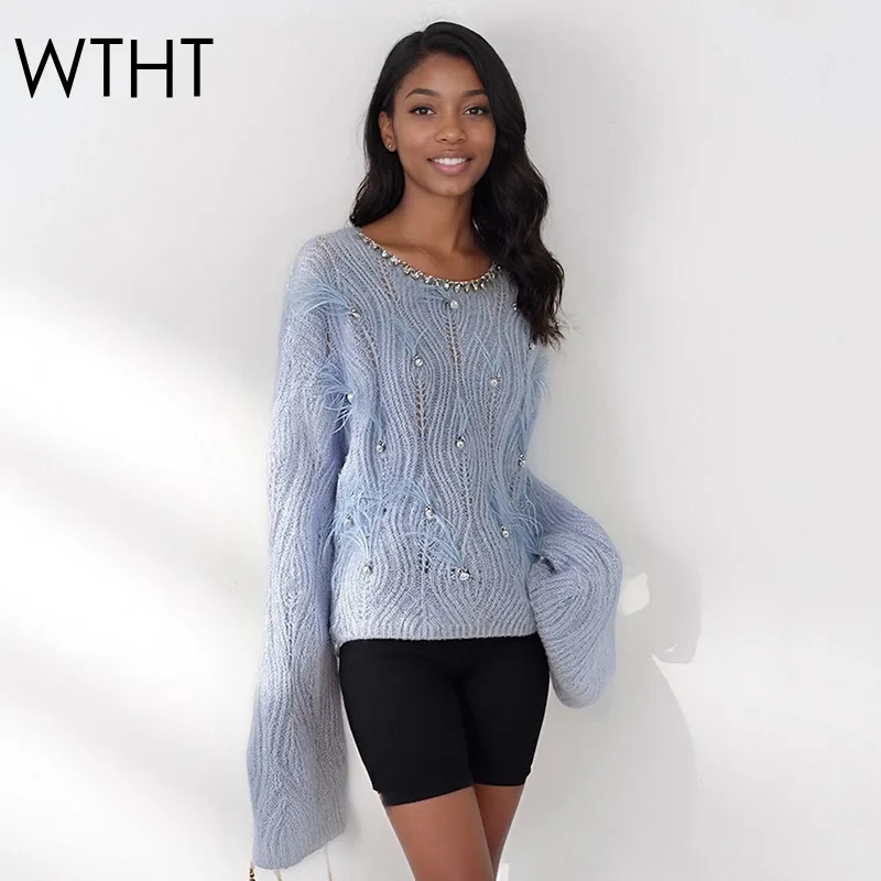 

WTHT модный новый женский вязаный свитер со сращенными бриллиантами и перьями, осень 2022, модные пуловеры с круглым вырезом и длинными рукавами, женские 1LS2613