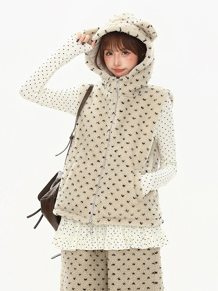 Sweet Print Hooded Vest Women Sleeveless Zipper Autumn Winter Preppy Kawaii Coats Cute Ears Patchwork Hairy Casual Thick Outwear