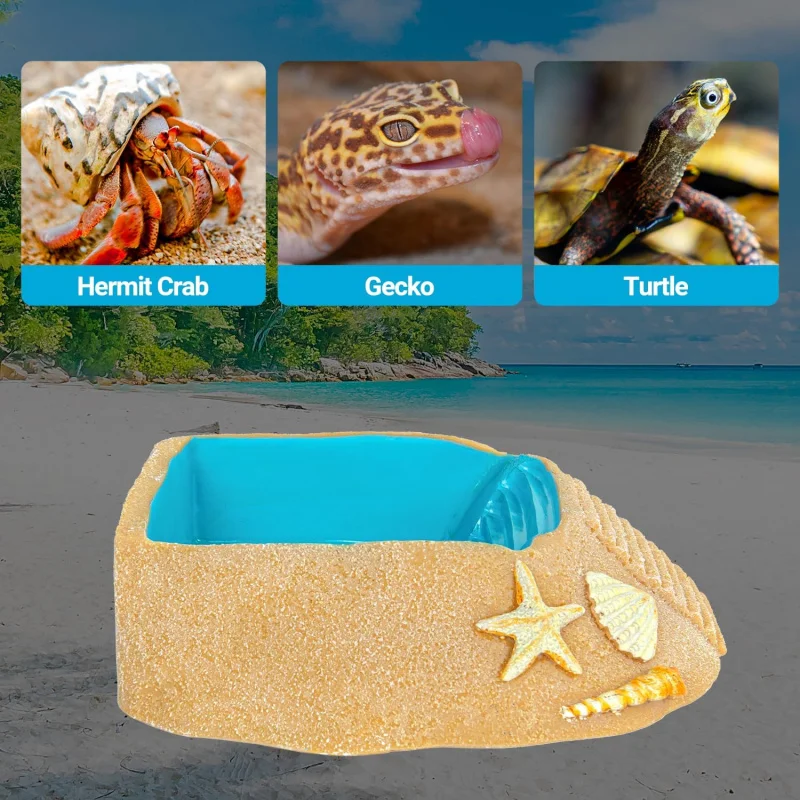 Hermit Crab Water Bowl with Climbing Ramp, Resin Hermit Crab Water Food Dish and Bathing Pool Beach Style Reptile Ramp