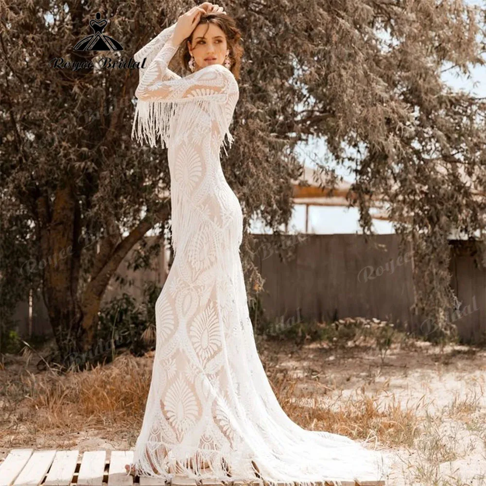 Robe de mariée sirène en dentelle avec pompons romantiques, style Boho, chic et Sexy, à manches longues, sur mesure, 2023