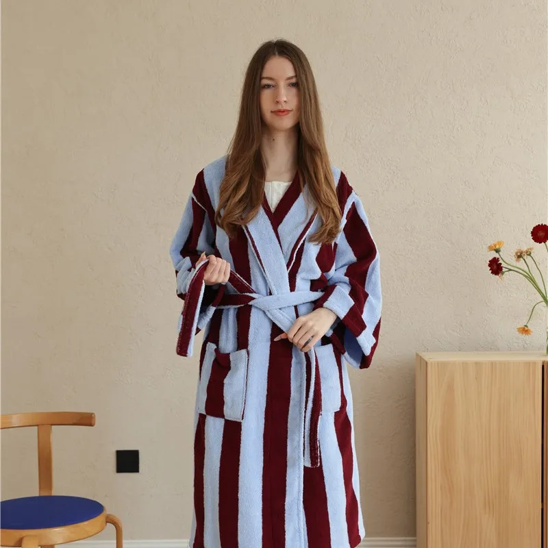 Cute Striped Cotton Bathrobe Super Soft Absortion Hooded Loose bath Robe Coat Towel V Neck warm Sleepwear Robes Women Homewear
