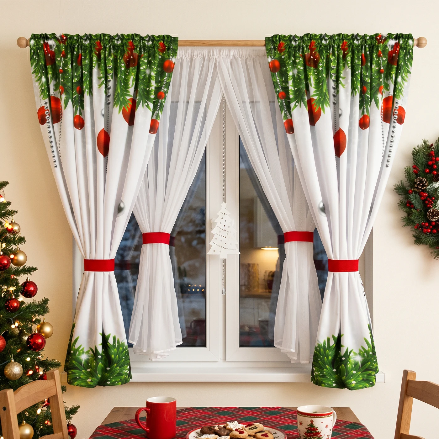 3PCS Christmas Printed Sheer Curtain Set, Rod Pocket Window Drapes, Xmas Holiday Decoration For Living Room Home Decor