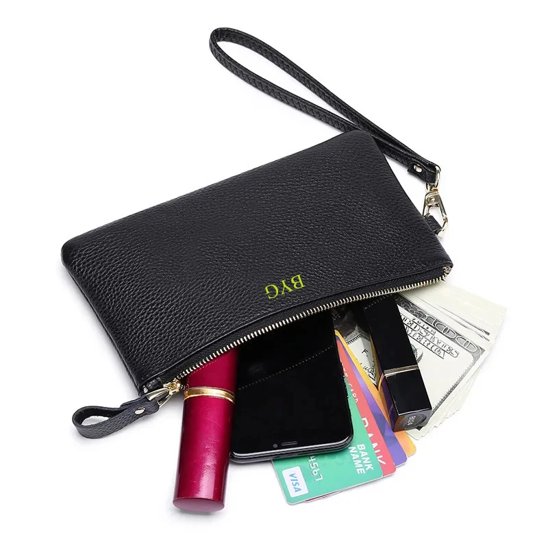 Monogrammed Letters Ultra-thin Fashion Women Long Clutch Wallet Large Capacity Envelope Phones Purse Genuine Leather Card Holder